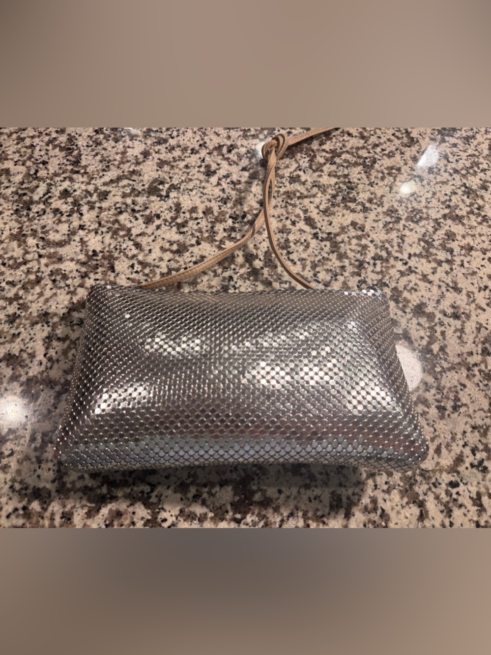 Whiting & Davis Metallic Silver Mesh Wristlet with Beige Strap